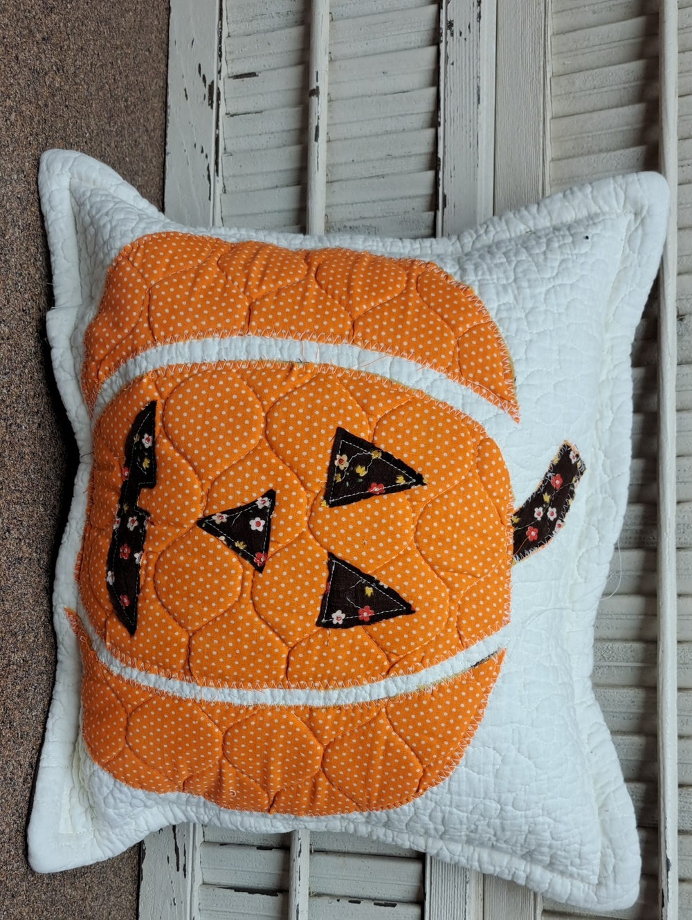 Handmade Pumpkin Appliqué Throw Pillow - Orange & White